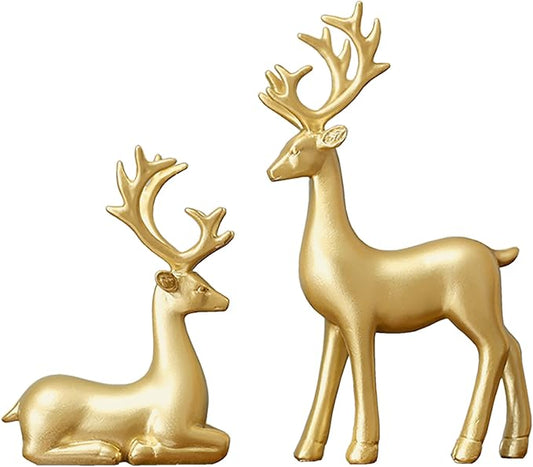 FANTESTICRYAN Small Reindeer Sculpture Resin Christmas Reindeer Elk 2pcs Christmas Home Decor Statues for Living Room, Bedroom, Office Desktop, Cabinets (Golden Small)