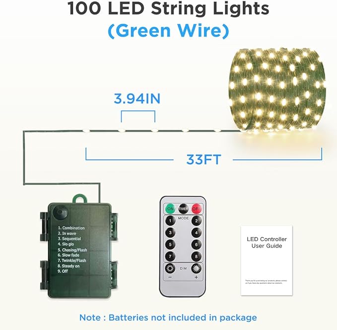 33ft Battery Operated String Lights, 100 LED Fairy String Lights Battery Powered w/Remote & Timer for Indoor Outdoor Christmas Trees Wreath Decoration Bedroom Patio - Warm White