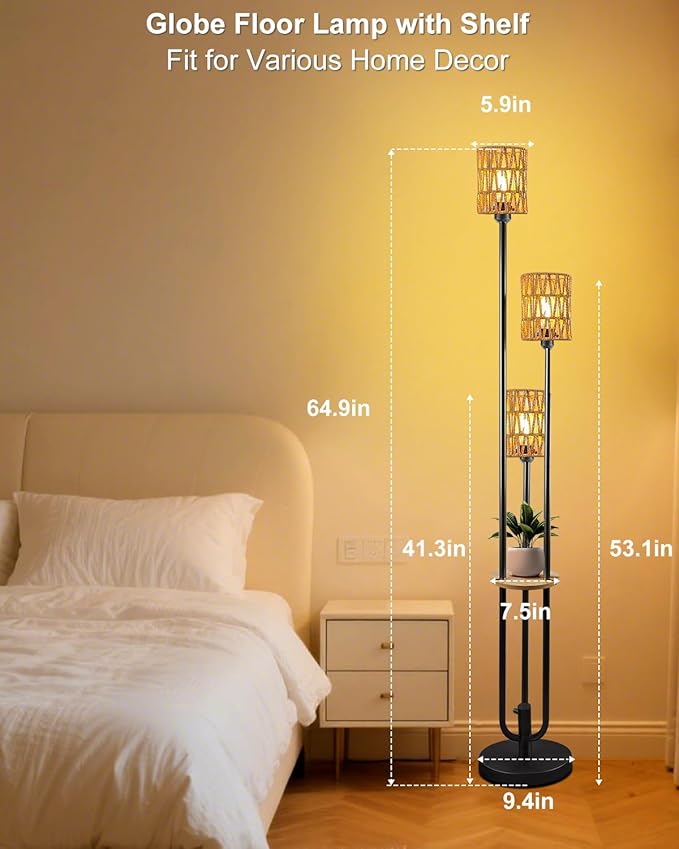 63IN Dimmable Floor Lamp with Shelf, Black Rattan Tall Standing Lamps Candle Holder Style, 3000K Warmwhite Mid Century Modern Floor Lamp for Living Room (Bulbs Included)