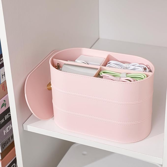 Yesesion Large Cable Storage Organizer with Lid, Plastic Cord Box with 20pcs Wire Ties, Desk Drawer Tray for Phone Chargers, Power Cords, Electronics Accessories, Jewelry, Art Craft (Pink)