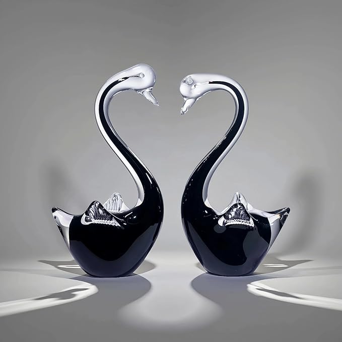 Black Swan Glass Figurines Set - 7.5" L x 3.9" H Weatherproof Hand Blown Glass Art, Indoor/Outdoor Decor, Pair of 2 - Perfect Garden Art, Home Shelf Display & Gift for All Occasions