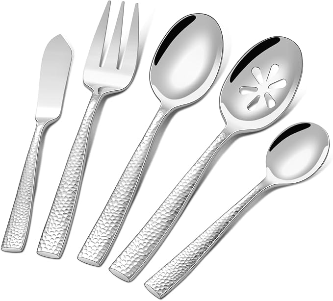 Stainless Steel Large Serving Utensil Set with Hammered Serving Spoon,Slotted, Fork,Butter Knife,Sugar Spoon Hostess Serving Utensil Set for Parties,Buffet,Dishwasher Safe