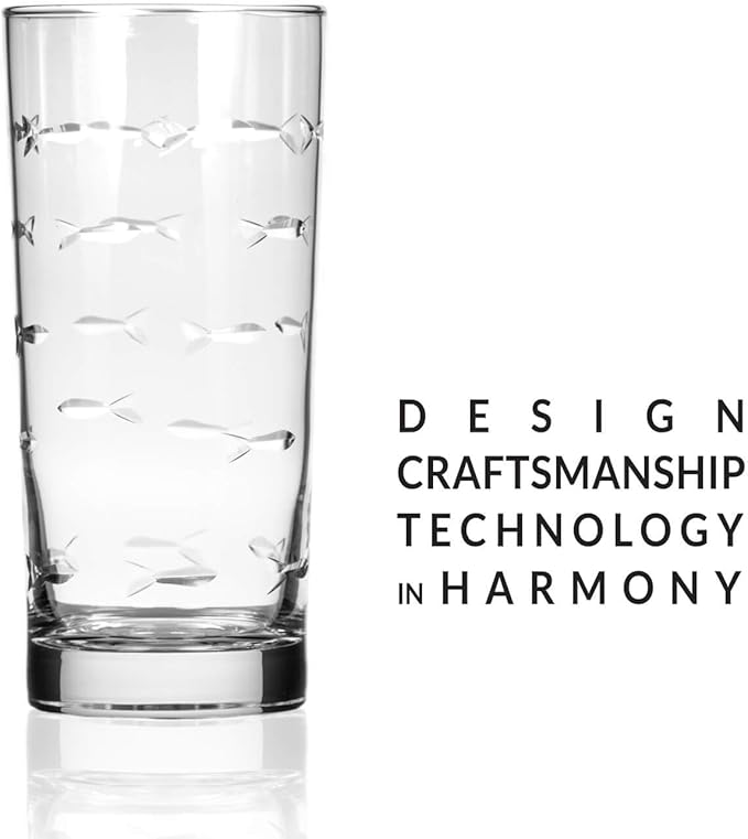 Rolf Glass School of Fish Highball Glass | Set of 4 15oz Cooler Glasses | Lead-Free Engraved Glass with Heavy Base | Proudly Made in the USA