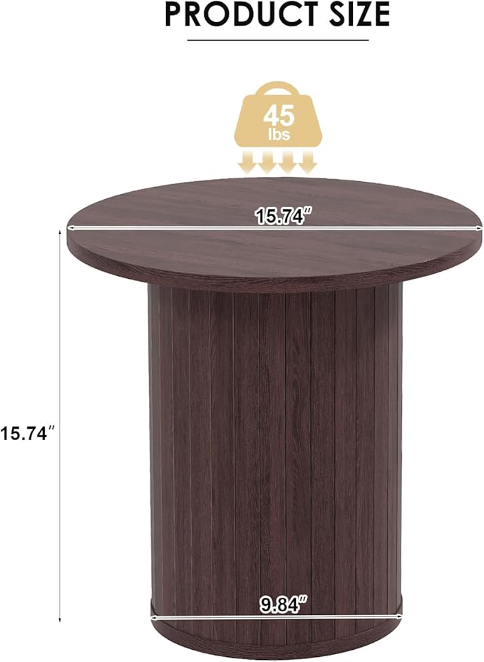 Round Wood Fluted End Table, 15.7“ Circle Farmhouse Side Table Sets for Living Room, Bedroom, Balcony, Small Spaces, Walnut