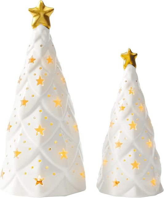 DN Decoration White Ceramic Christmas Tree with Lights, 2Pcs Prelit Tabletop Xmas Decor with Star Cutouts, Battery-Operated LED Trees for Christmas Village, Office, Front Porch Holiday Centerpieces
