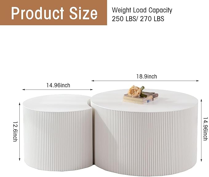 WXFKLDJ Round Nesting Coffee Table Set Cylindrical Wooden Coffee Table Sofa Center Table Circle Embossed Design Side Table for Living Room Apartment No Assembly (C-Shaped Small)