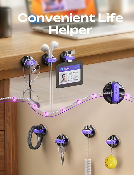 10-Pack Magnetic Cable Clips [1S Snap-On] Cord Holder, LISEN Office Desk Organizers and Accessories with 5 Extra Strong Adhesive Pads, Wire Organizer for Nightstand, Home, Wall, Car, Desktop, Purple