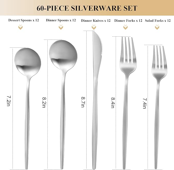 MIKIWAY 60-Piece Silverware Set for 12, Stainless Steel Flatware, Matte Cutlery Tableware, Kitchen Utensils Include Spoons and Forks, Satin Polished, Dishwasher Safe