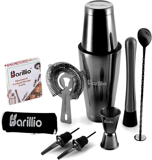 Barillio Black Boston Shaker Set - Stainless-Steel, Weighted Martini Cocktail Shaker Set w/Strainer & Mixer - Mixology Bartender Kit - Bar Set for The Home - 9-pc Drink Set - Bar Tools