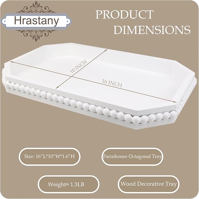 White Wood Serving Tray with Beads, Farmhouse Decorative Tray for Table Centerpiece, Christmas Wedding Halloween Home Decor