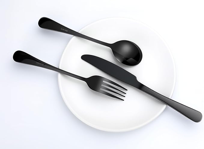 24 Pcs Balck Silverware Set for 4, Food-Grade Stainless Steel Flatware Set,Mirror Polished Cutlery Utensil Set, Include Steak Knife Fork and Spoo, Dishwasher Safe