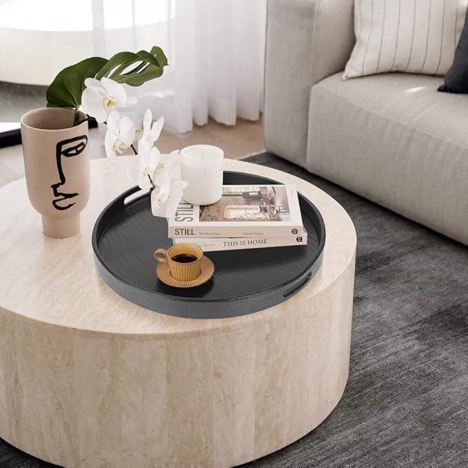 HofferRuffer Extra Large Round Serving Tray, Elegant Faux Leather Circle Ottoman Table Tray with Handles, Serve Tea, Coffee or Breakfast in Bed, Diameter 23.6 x 2.4 inches Height (Black)