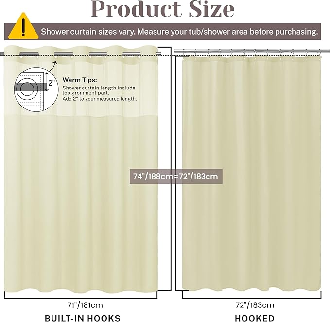 No Hook Slub Textured Shower Curtain with Snap in Liner - Sand Fabric Outer Curtain & Waterproof Inner Liner, Hotel Style with See Through Top Window, 71x74 in