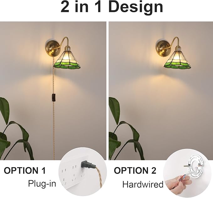 Plug in Wall Sconces Set of 2, Vintage Wall Lamps with Green Multilayer Petal Stained Glass Shade, Brass Lights Fixture Decor for Bedroom Bathroom Living Room Hallway
