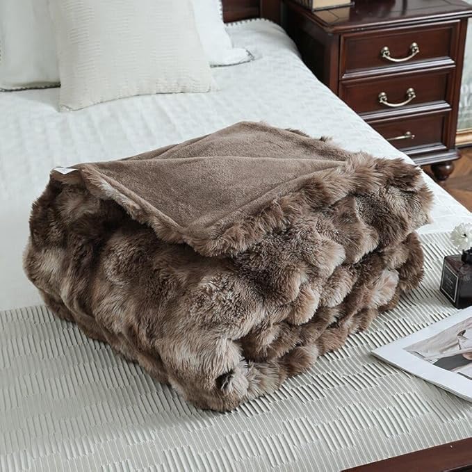 Faux Fur Throw Blanket for Couch Cozy Fuzzy Soft Plush Thick Fluffy Fleece Bubble Blanket for Sofa Bedroom Living Room, 63x79 Inches Coffee