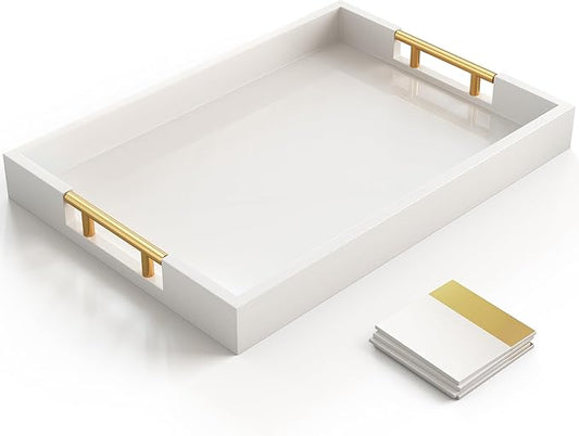Wood Serving Tray with Gold Polished Metal Handles, Home Decorative Wooden Rectangle Ottoman Decor Platter Bathroom Vanity Tray for All Occasions, Gloss Finish, 16"x12", White