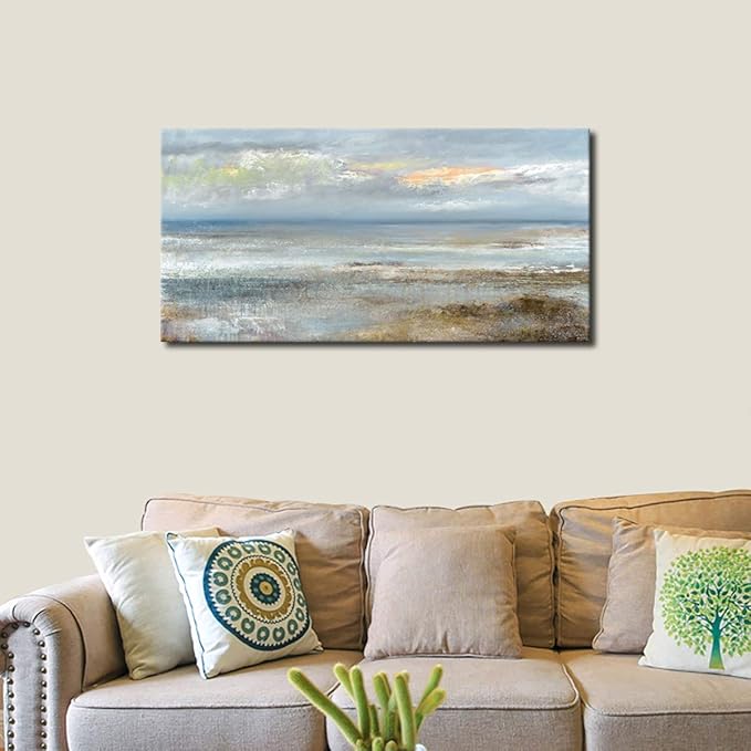 Abstract Wall Art Large Canvas Pictures Modern Blue Ocean Artwork on Canvas Prints Wall Decoration for Living Room Bedroom Bathroom Kitchen Office Home Wall Decor Framed Ready to Hang 24" x 48"