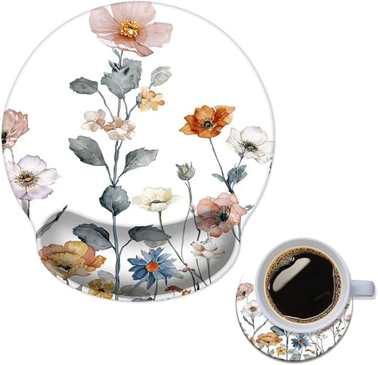 Mouse Pad with Wrist Support, Ergonomic Mouse Pad with Memory Foam Wrist Rest Cushion, Non-Slip Rubber Base Gaming Mice Pad for Home Office Computer Laptop,Cute Flowers