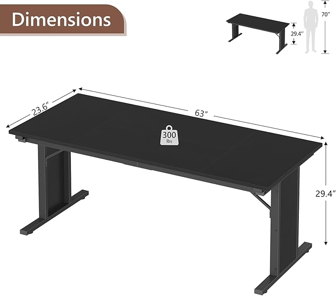 63 inch Executive Desk, Large Office Desk with Thicken Frame, Computer Desk Study Writing Table for Home Office, Black