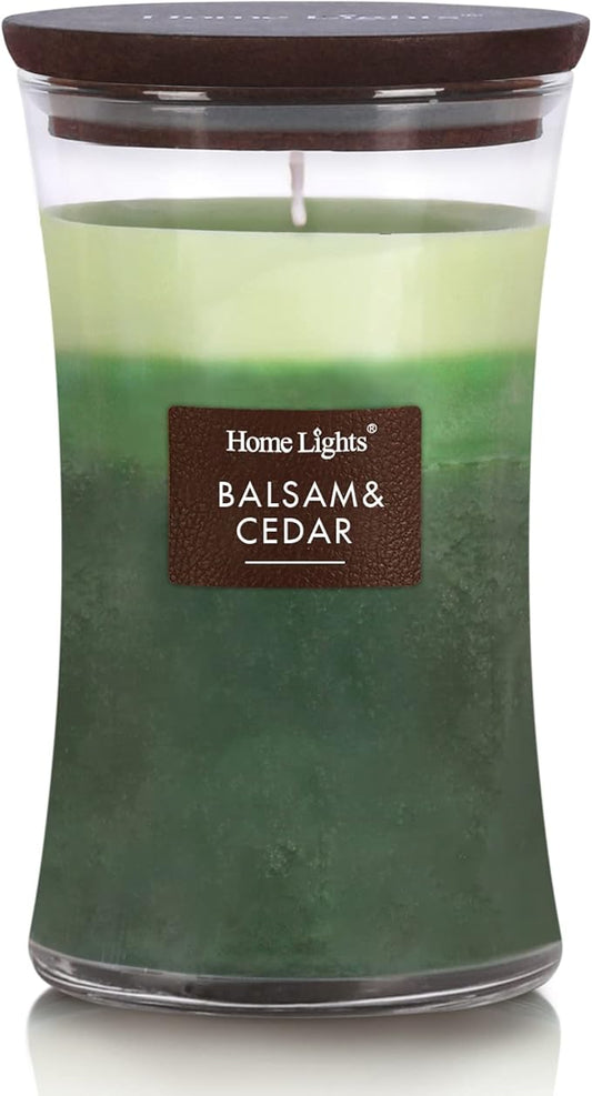 HomeLights 3-Layer Highly Scented Candles - Balsam & Cedar, Hourglass Large Jar Candles for Home - Burns Up to 100 Hours, Natural Soy Wax, Wooden Lid, 21.52 OZ