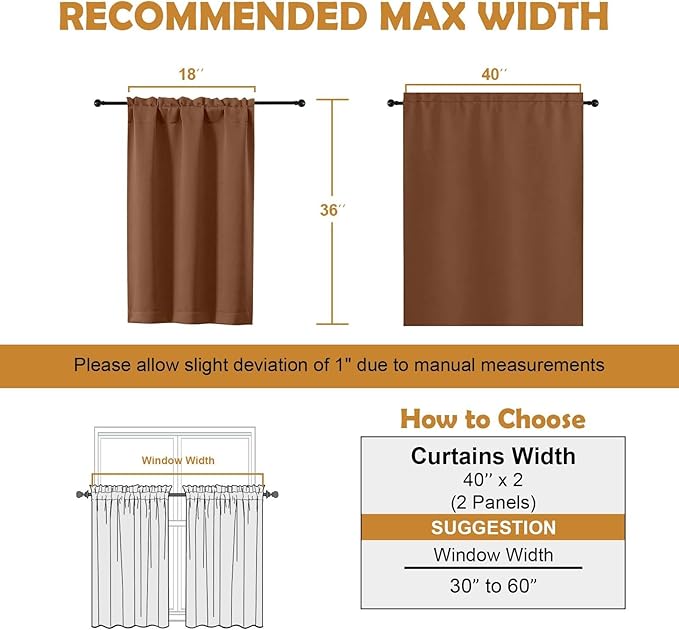 Aiyufeng Sun Baked Short 36 Inches Blackout Curtain 2 Panels Set, Half Window Rod Pocket Privacy Curtain Tiers for Kitchen, Curtains Blackout for Bathroom Shades, W40 x L36 Inch, Sun Baked