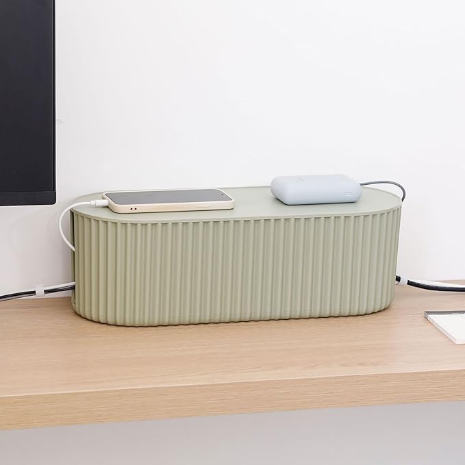 Green Cable Management Box, Power Strips Hider Cover Under TV and Desk for Home, Office, School Use, Plastic Surge Protector Cover on Floor, Electronics Cord Bin with Lid (Large)