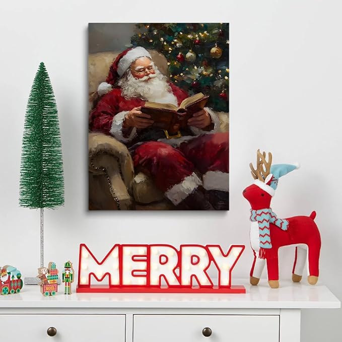 Framed Santa Reading Book Posters Christmas Canvas Print Wall Art Christmas Winter Wall Art Santa Claus Print Holiday Decor 24x36 framed
