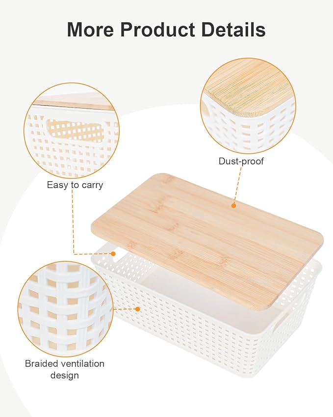 Storage Bins with Lids 6 Packs, Plastic Storage Bins with Bamboo Lids for Pantry Organization and Storage Containers for Shelves Drawers Desktop Closet Playroom Classroom Office Home, White