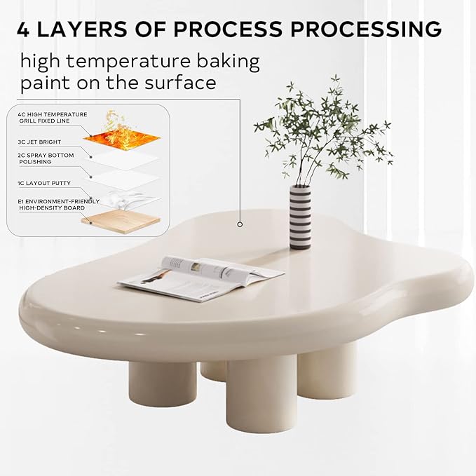 Cloud Coffee Table with 4 Legs for Living Room,Center Table,Low Table,Cream End Table,Round Corner Sofa Table (White, 46“)