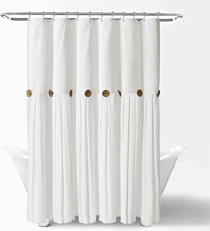 Awellife Farmhouse White Shower Curtain Button Linen Textured Woven Fabric,Country Style 72" W x 72" L