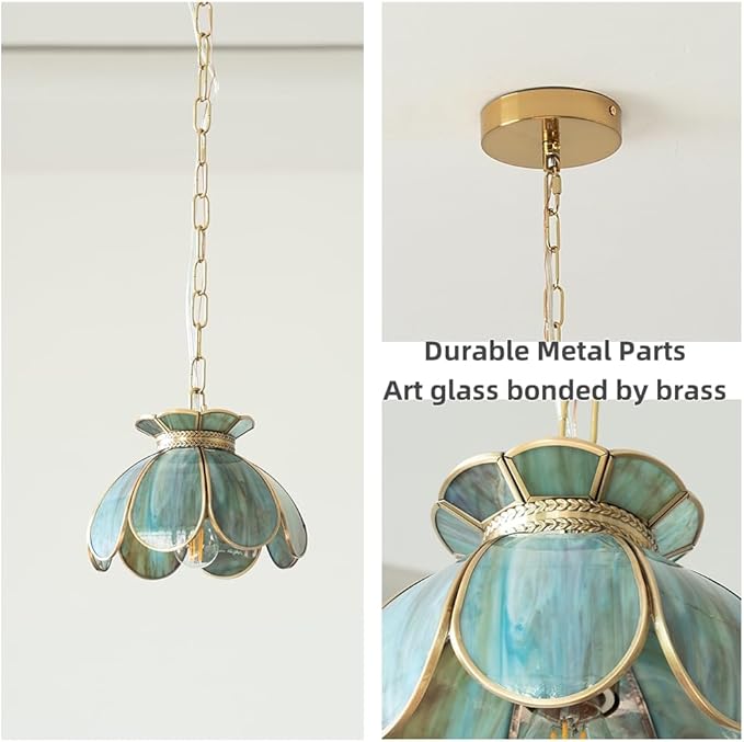 Yifi Mini Lotus Pendant Light Fixture, Vintage Brass Ceiling Pendant Lighting, Lotus Flower Glass Hanging Lamp for Kitchen Island, Dining Room, Living Room, Entryway, Shops, Mixing Blue Green