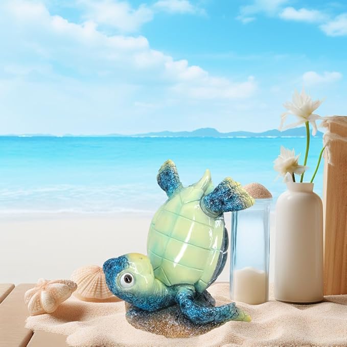 Resin Sea Turtle Table Decor - 4-Inch Baby Turtle Figurine for Desk & Tabletop, Cute Ocean-Themed Decoration, Feng Shui Lucky Charm Statue (Blue)