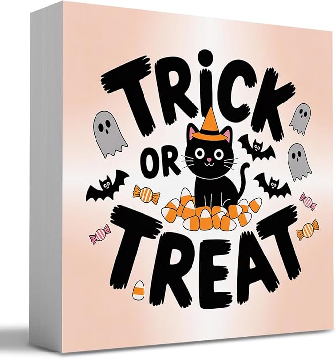 HTBIG Halloween Decor, Trick or Treat Signs Halloween Desk Black Cat Decor, Ghost Sign Home Office Desk Shelf Cubicle 5 x 5 inch