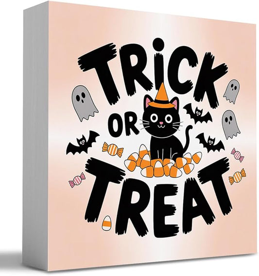 HTBIG Halloween Decor, Trick or Treat Signs Halloween Desk Black Cat Decor, Ghost Sign Home Office Desk Shelf Cubicle 5 x 5 inch