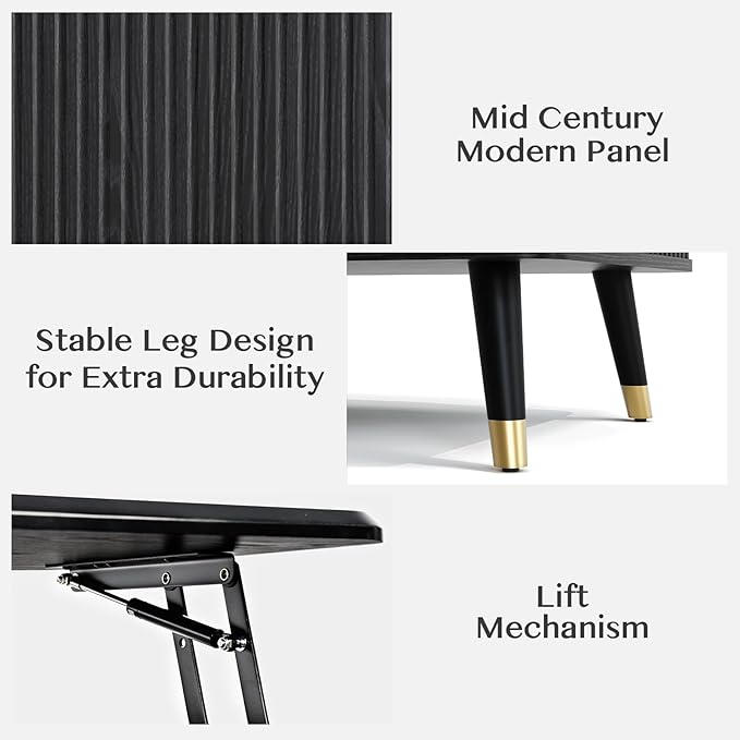 Lift Top Coffee Table, Mid Century Modern Coffee Table with Hidden Compartment, Fluted Lift Tabletop Center Table for Living Room, Home Office, Black