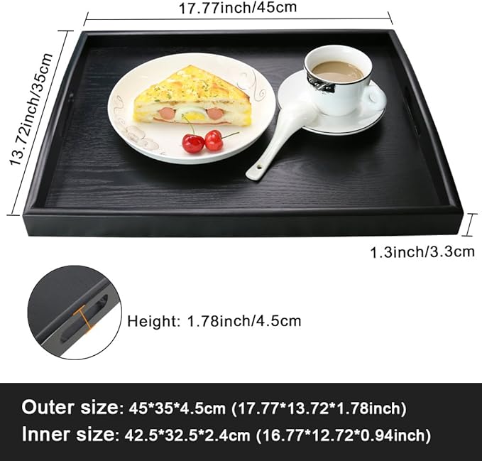 Serving Tray Black Large Food Tray Breakfast Tray Wood Butler Tray with Handle 17.77 x 13.72 x 1.78