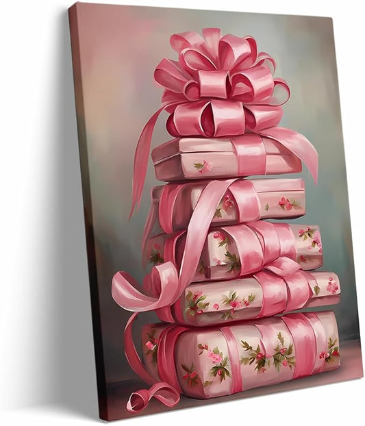 Framed Pink Christmas Wall Art Pink Vintage Christmas Presents Canvas Print posters Retro Shabby Chic Christmas Printables Winter Home Decor 12x16 framed