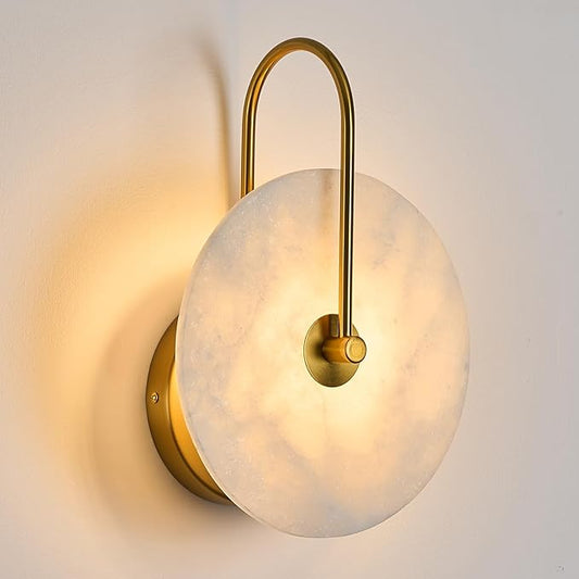 Round Alabaster Wall Sconce, Natural Marble Lampshade Wall Sconce, Hardwired Circular Sconce LED Modern Wall Lamp for Bedroom, Stairs, Living Room, Bedside, Hallway 9.84 Inch Gold