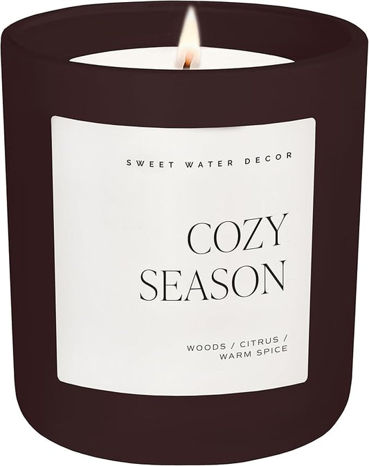 Sweet Water Decor Cozy Season Candle, Large 15oz Jar, Scented with Warm Woods, Citrus & Spice, Non-Toxic Soy Wax Blend, Fall & Winter Home Candle for Autumn, Thanksgiving & Christmas, 70+ Hour Burn