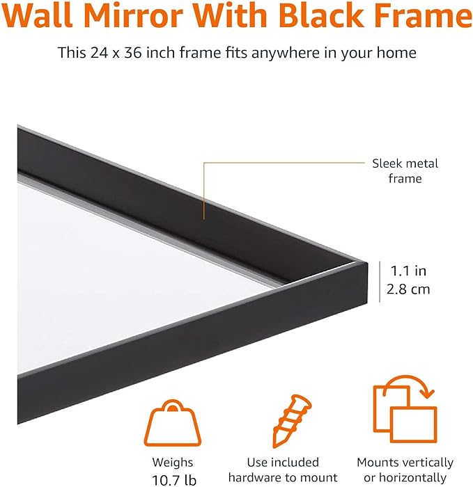 Amazon Basics Rectangular Wall Mount Mirror 24" x 36", Peaked Trim, Black