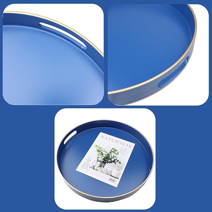 Royal Blue Round Decorative Tray with Handles, 13" Versatile Serving Tray for Coffee Table, Ottoman, Ideal for Serving, Displaying, Organizing