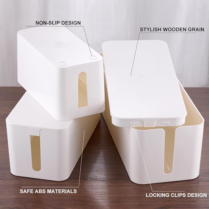 3 Pack Cable Management Box with 18 PCS Cable Management Set - Large & Medium & Small Cable Organizer Box to Hide Wires & Power Strips | TV Cord Organizer Box | for Home & Office, White