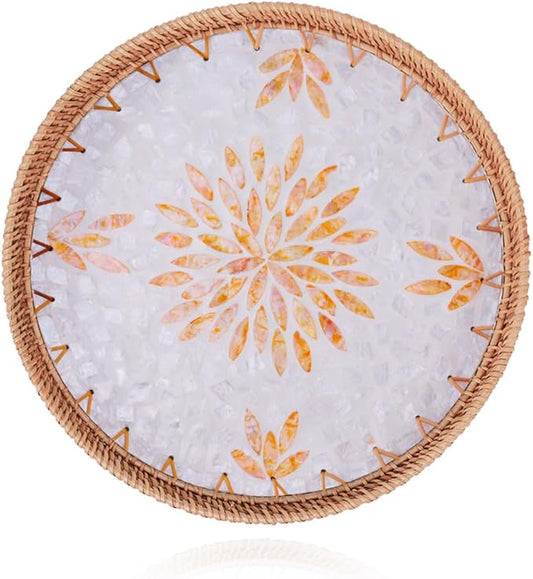 Shellac Rattan Tray with Mother of Pearl Inlay, Round Decorative Serving Tray for Home Décor Coffee Table Storage and Display, 100% Natural Materials - Orange 13.5"