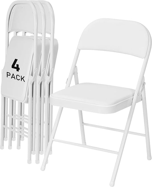 SEALAMB 4 Pack White Folding Chairs with Padded Seats & Cushion, Durable Metal Foldable Chairs for Wedding Party, Commercial Chairs for Office School Church Events, 330lb Capacity (White-PU, 4 Pack)