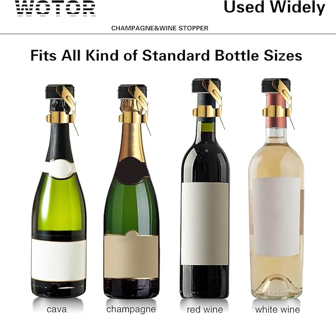 WOTOR Champagne&Wine Bottle Stoppers Stainless Steel with Food Grade Silicone, Leak Proof Keep Fresh Reusable Saver, Cork Suitable for Wine, Champagne, Cava, Prosecco and Sparkling (12 Pack Gold）