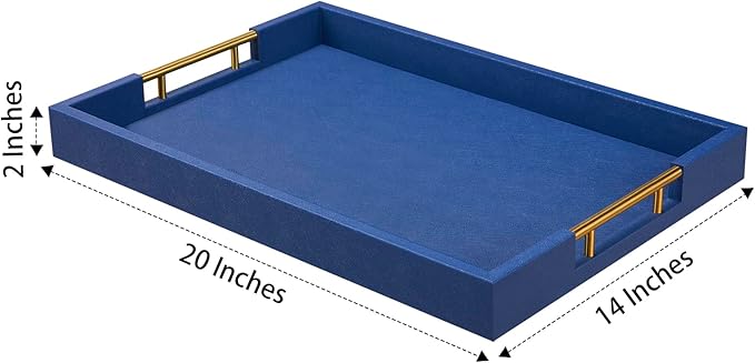 14x20 Inches Blue Faux Leather Wrapped Wood Serving Tray with Metal Handles for Various Occasions, Ottoman, Home Decor Decorative, Living Room, Coffee Table Organizer, Serving Breakfast On Bed