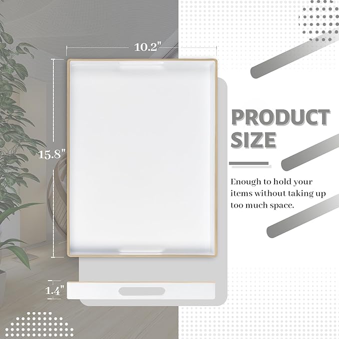 MAONAME White Decorative Tray for Coffee Table, Modern Serving Tray with Handles, Plastic Rectangular Tea Tray for Ottoman, Bathroom Decor, 15.8” X 10.2” x1.4