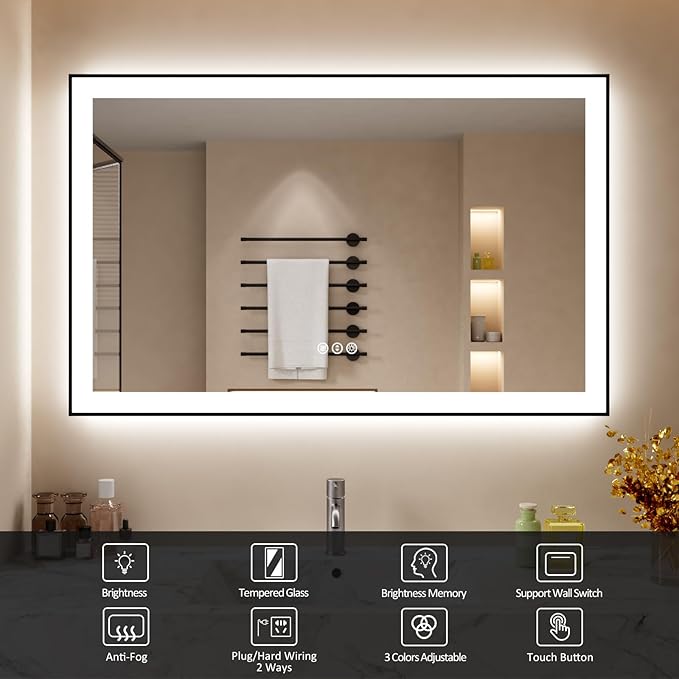 48x30 Inch LED Bathroom Mirror with Black Frame, Backlit and Front Lighted Bathroom Mirrors for Wall, Anti-Fog, Dimmable, Memory, Shatterproof, LED Vanity Mirror for Bathroom
