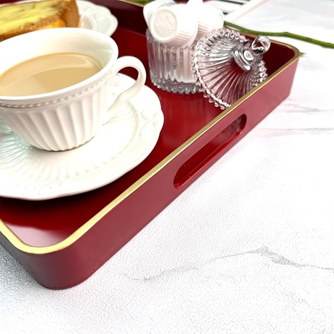 Red Decorative Tray, Serving Tray with Handles, Plastic Rectangular Tray for Ottoman, Coffee Table, Bathroom, Living Room. 15.7"*10.2"