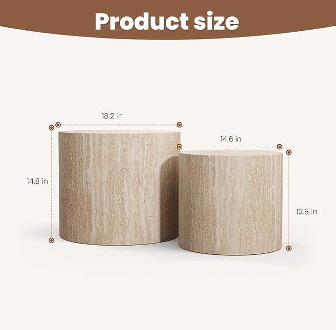 Round Nesting Coffee Table Set of 2 Modern Wood Coffee Tables Handcraft Drum Coffees Table Farmhouse Round Sofa Side Tables End Table for Living Room Small Spaces, No Assembling (Travertine)